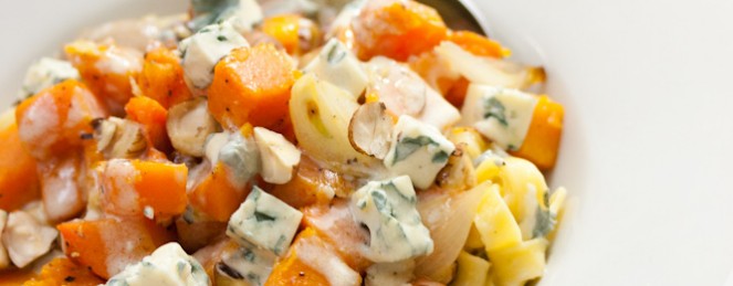 Tagliatelles à la Butternut, Fourme d’Ambert, Noisettes et Echalotes